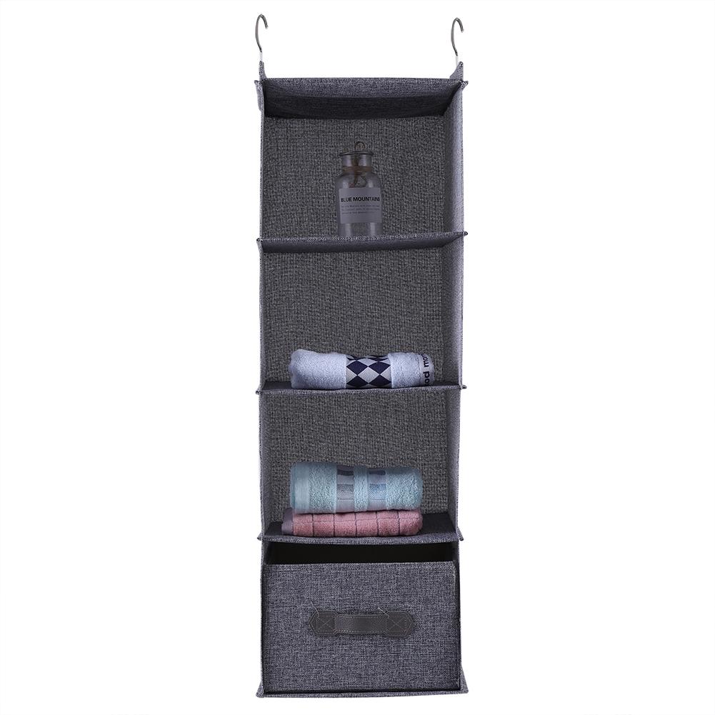 Hanging Closet Organizer Clothes Clothing Storage Holder 4 Shelves with Drawer (Gray)