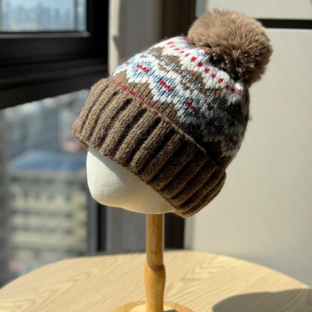 Fair Isle Christmas Woolen Hat for Women Winter Warm and Cute Fur Ball Ear Protection Hat Cold Hat Trend