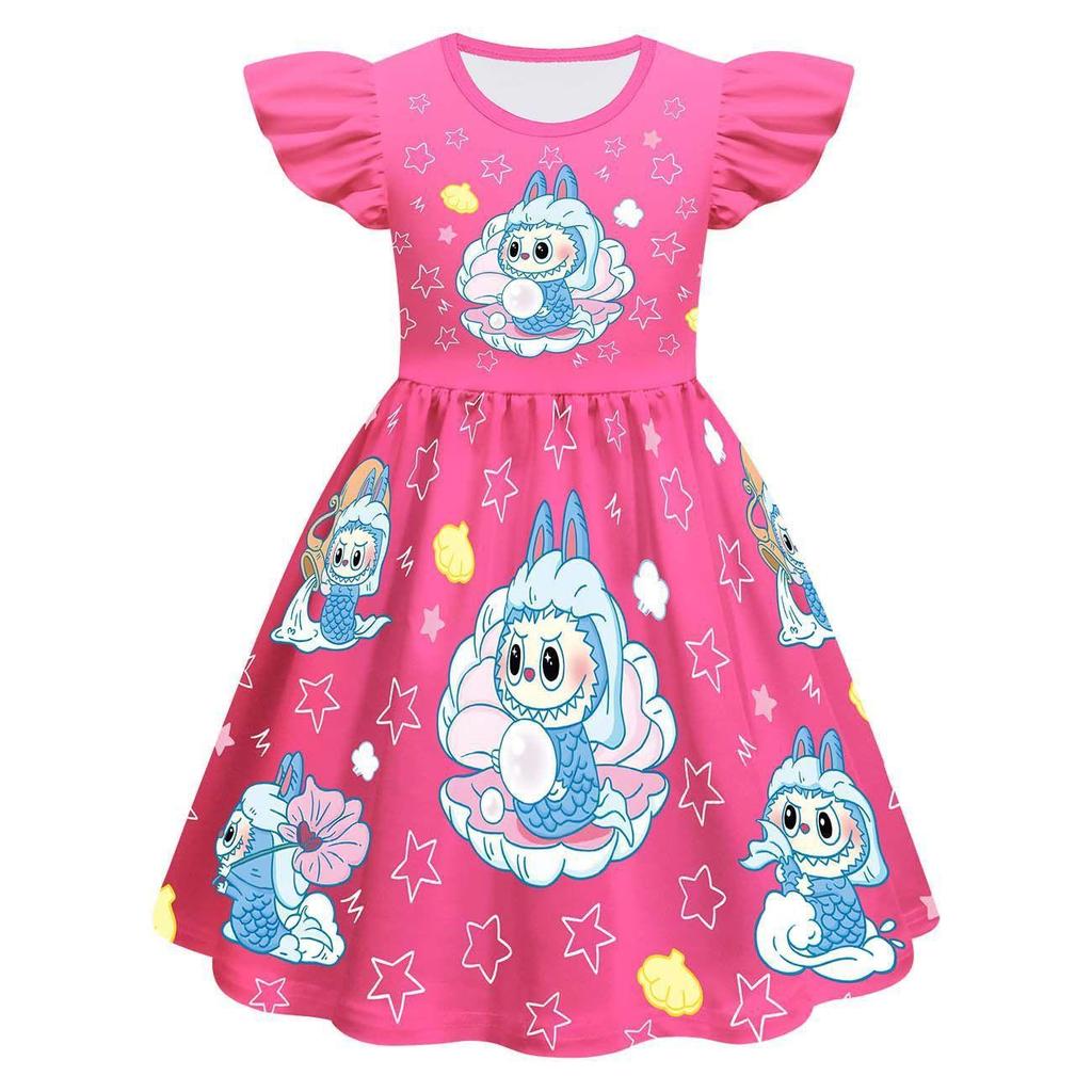 New Children'S Dress Cosplay Labubu Girls Flying Sleeve Skirt 3D Digital Printing