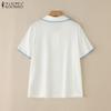ZANZEA Women Lapel Neck Short Sleeve Stitching Embroidery Casual Tops Blouse