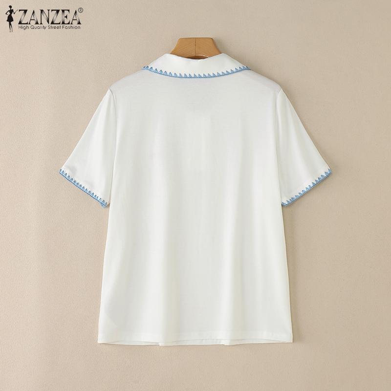 ZANZEA Women Lapel Neck Short Sleeve Stitching Embroidery Casual Tops Blouse