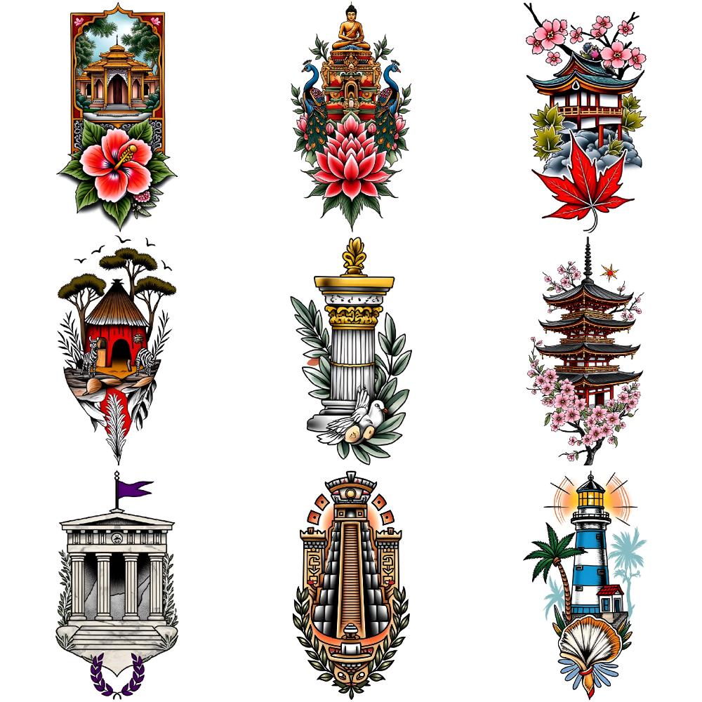 9pcs Temporary Tattoo Temple Waterproof Long-lasting Body Stickers Column Castle Temporary Tattoo Stickers Pagoda For Men Women