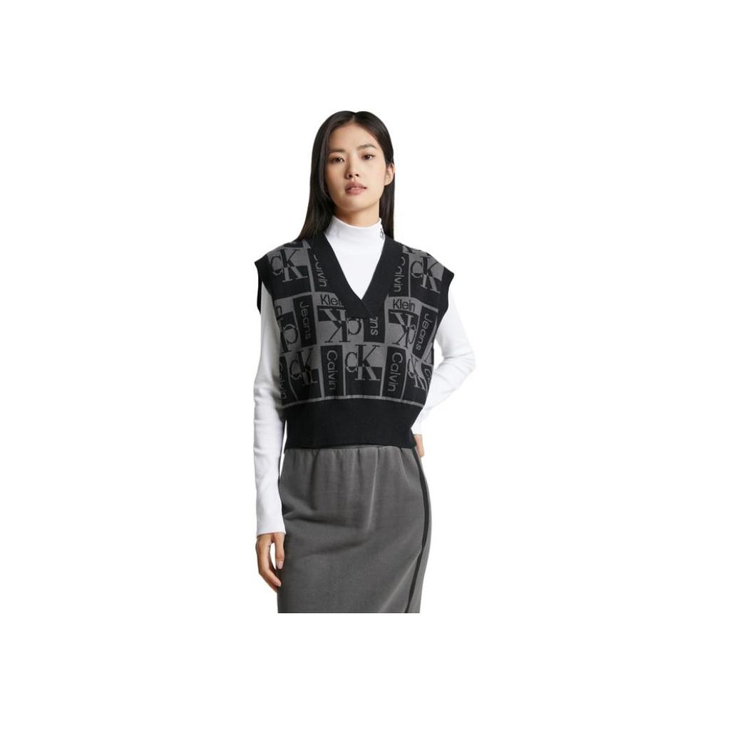 Calvin Klein FW23 Letter Jacquard V-Neck Pullover Vest Knit Sweater Women Sweater Space-Black J222312