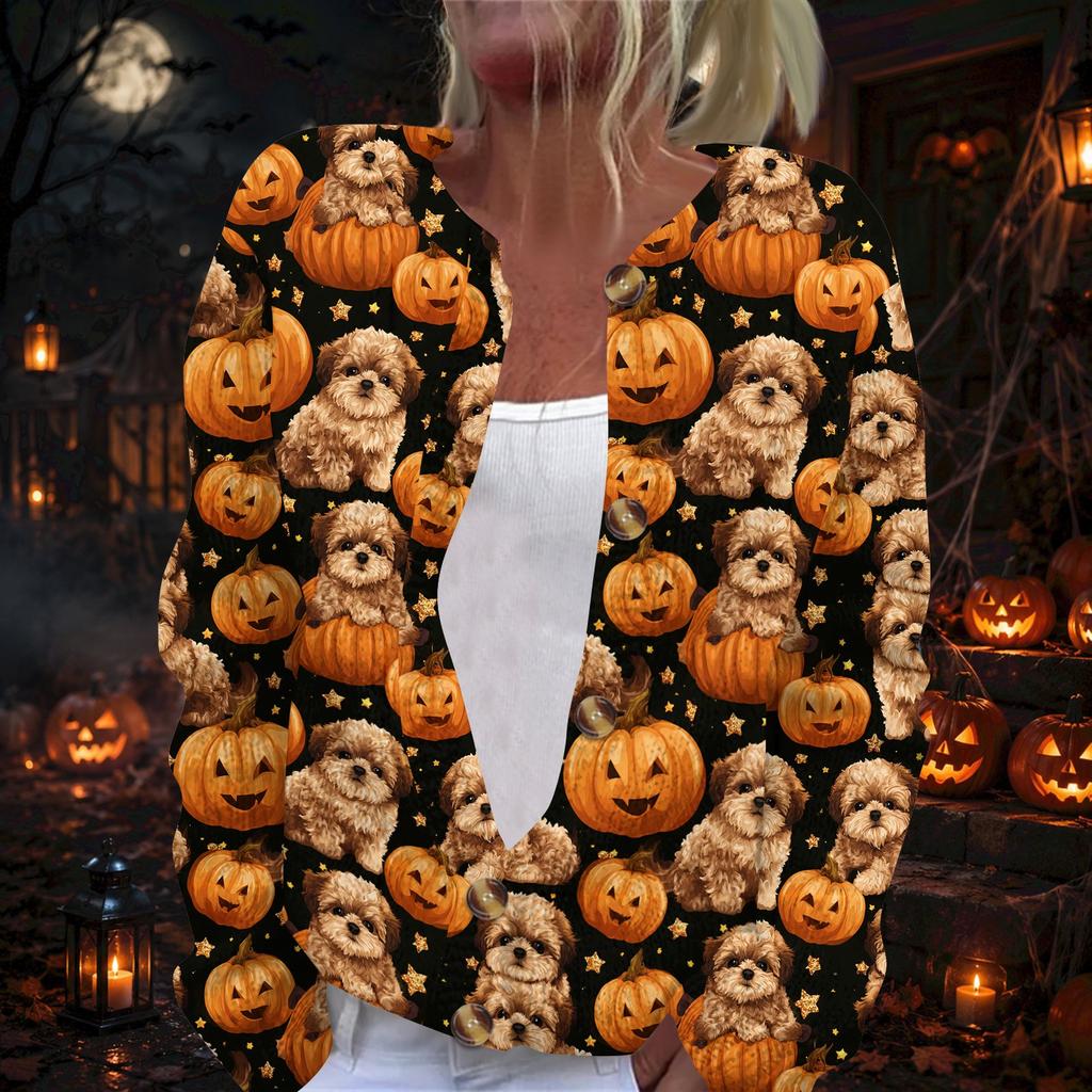 Women's Halloween Print Long Sleeve Knit Cardigan Button Front Fall Casual Outerwear