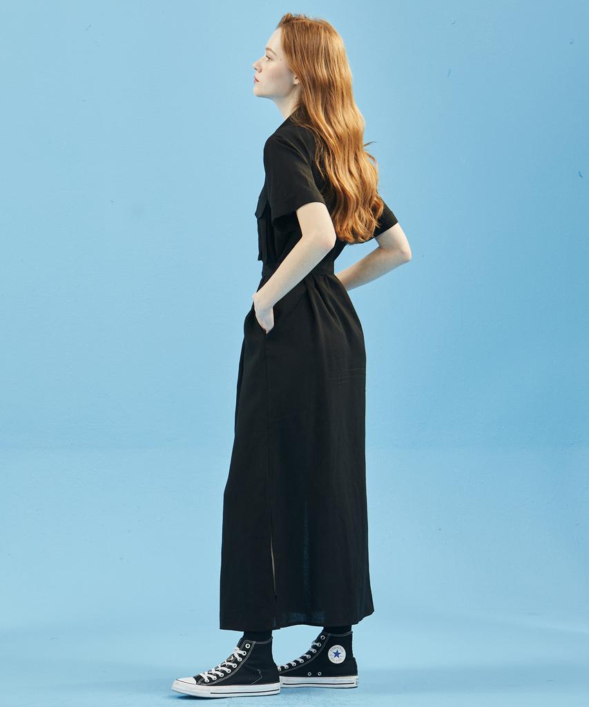 MANAVIS7 Linen Pocket Shirt Dress [Black]