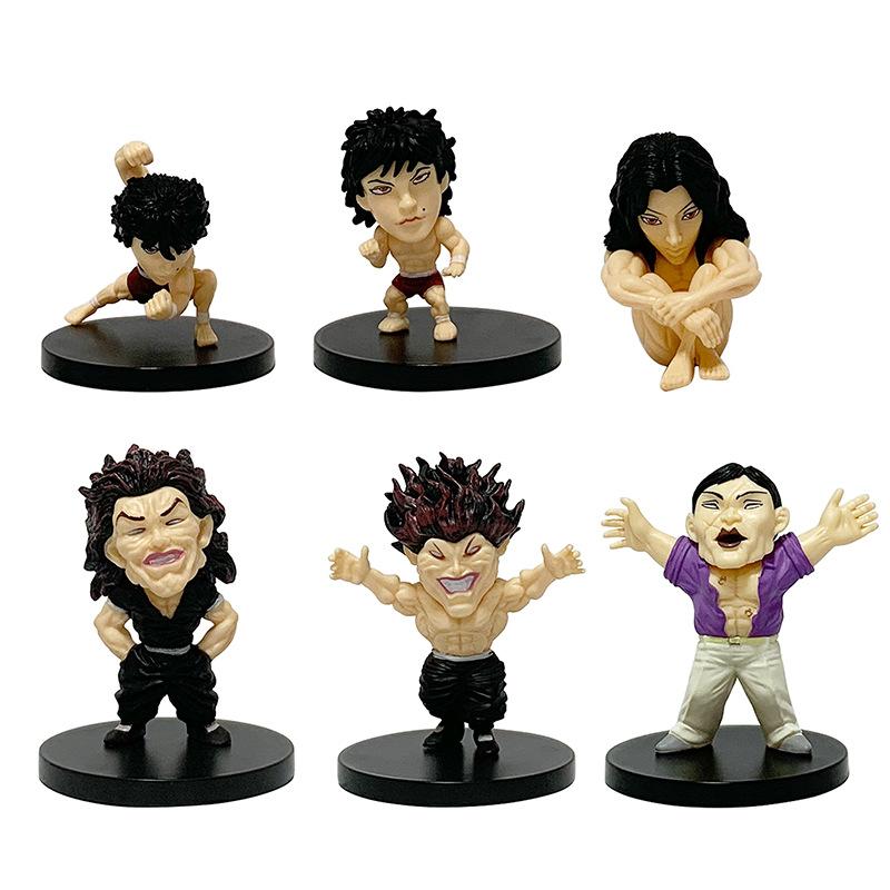 Lot de 6 Pièces/Ensemble Figurine Anime Hanma Baki 5-7.5cm Version Q Muscle Hanma Yujiro Cornichon Voiture Ornements de Bureau Jouets de Collection Cadeaux Poupées