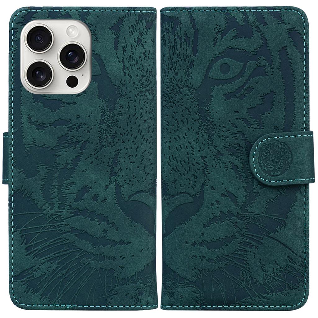 For iPhone 16 Pro Case Tiger Imprint Leather Shockproof Wallet Phone Cover