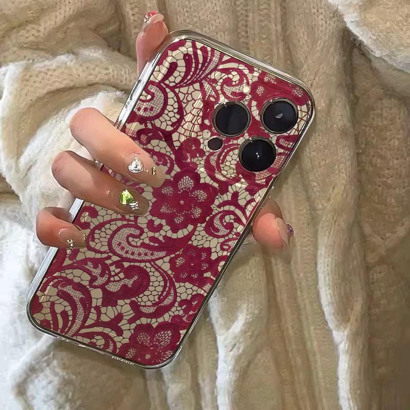 Red Lace Pattern Phone Case For iPhone 17 16 15 11 12 14 13 Pro Max Mini X XS XR 7 Plus 17E Shockproof Soft Cover Shell Fundas