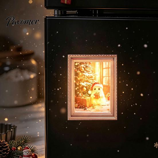 Retro Fridge Magnets 3Pcs Christmas Light-up Frame Refrigerator Magnet, Vintage Wooden Holiday Decorative Photo Holders Glowing Magnetic Picture