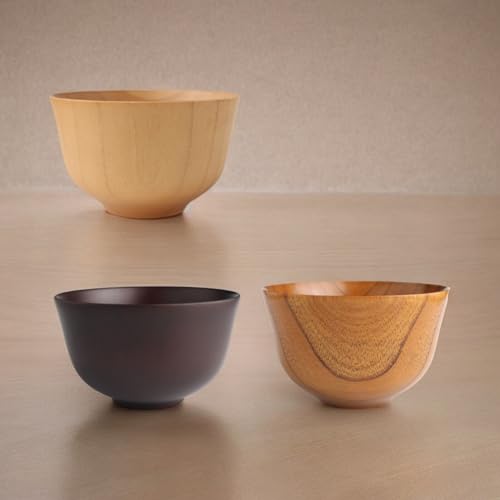 J-kitchens Miso Soup Bowls, Modern Wooden, Haban Pattern, Natural, Lacquer, and Dark Brown, Set of 3, 11.5cm x 6.6cm, Current Model