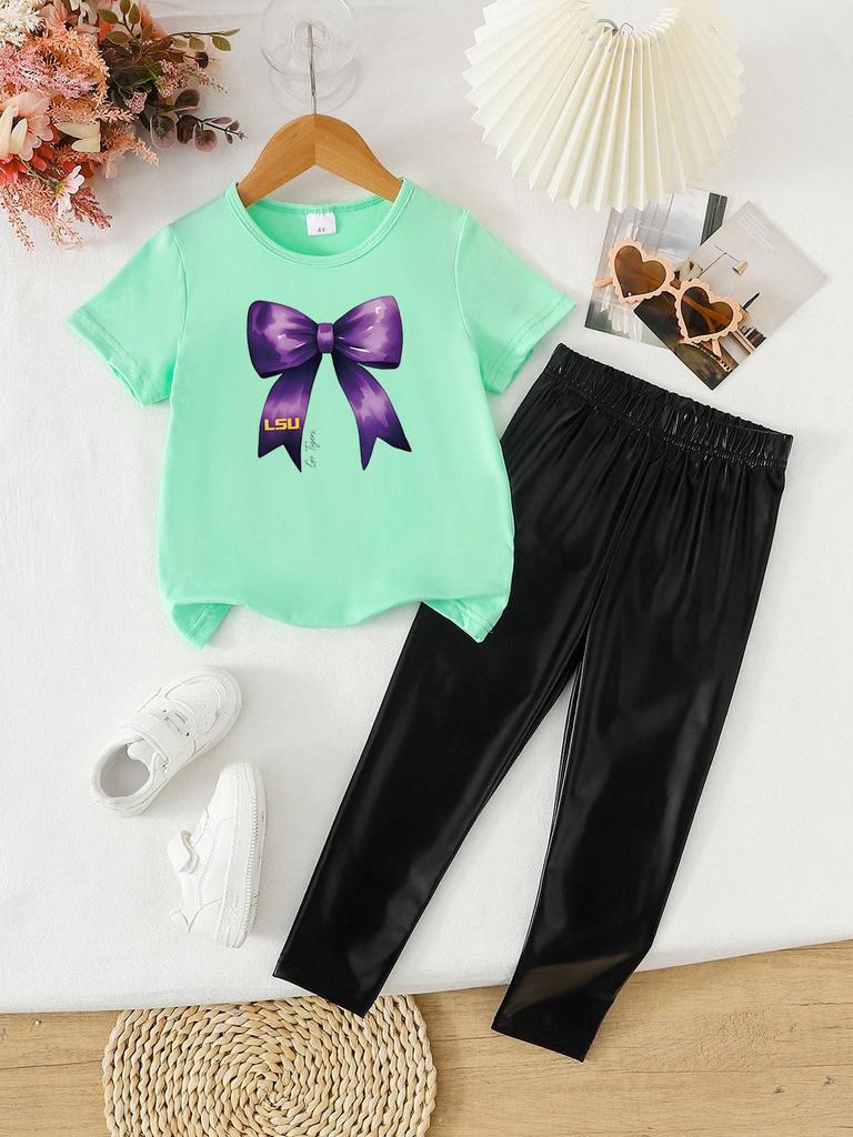 Summer Girls' Two-Piece Set: Fashionable Printed Short Sleeve Top & Long Pants