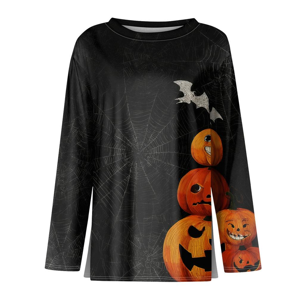 Women's Long Sleeve Round Neck Top with Halloween Print and Side Slit Hem for Casual Holiday Wear
