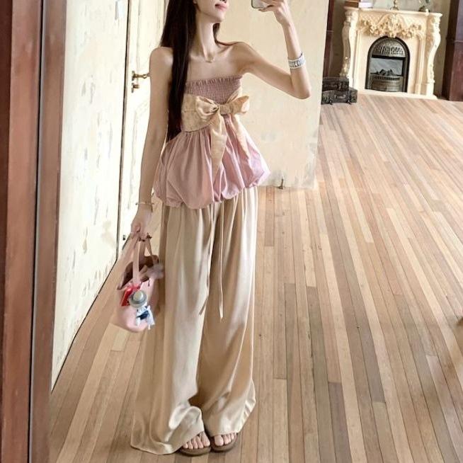 French pink bow tube top for women's summer first love, sweet vacation style sleeveless bud short top