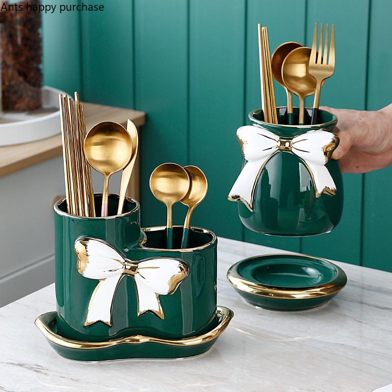 Ceramic Chopsticks Holder Drain Cage Spoon Knife Fork Cutlery Rack Kitchen Tableware Storage Container Chopsticks Organizer