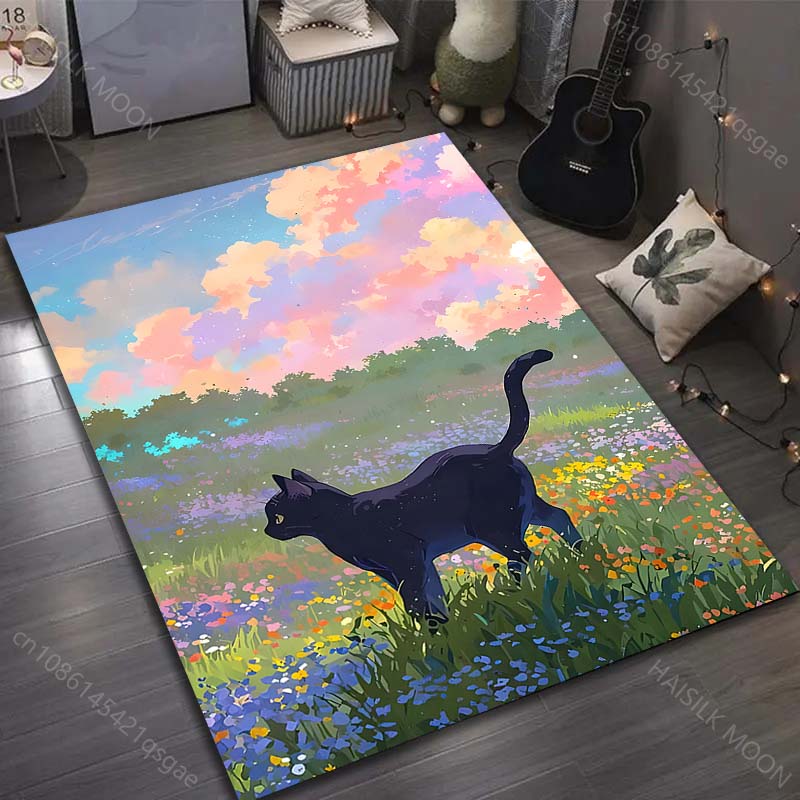 

1PC Black cat in flower field Pattern Rug Carpets for Bedroom Living Room Sofa Mat Creative Door Mat Cloakroom Home Decor 40x60cm