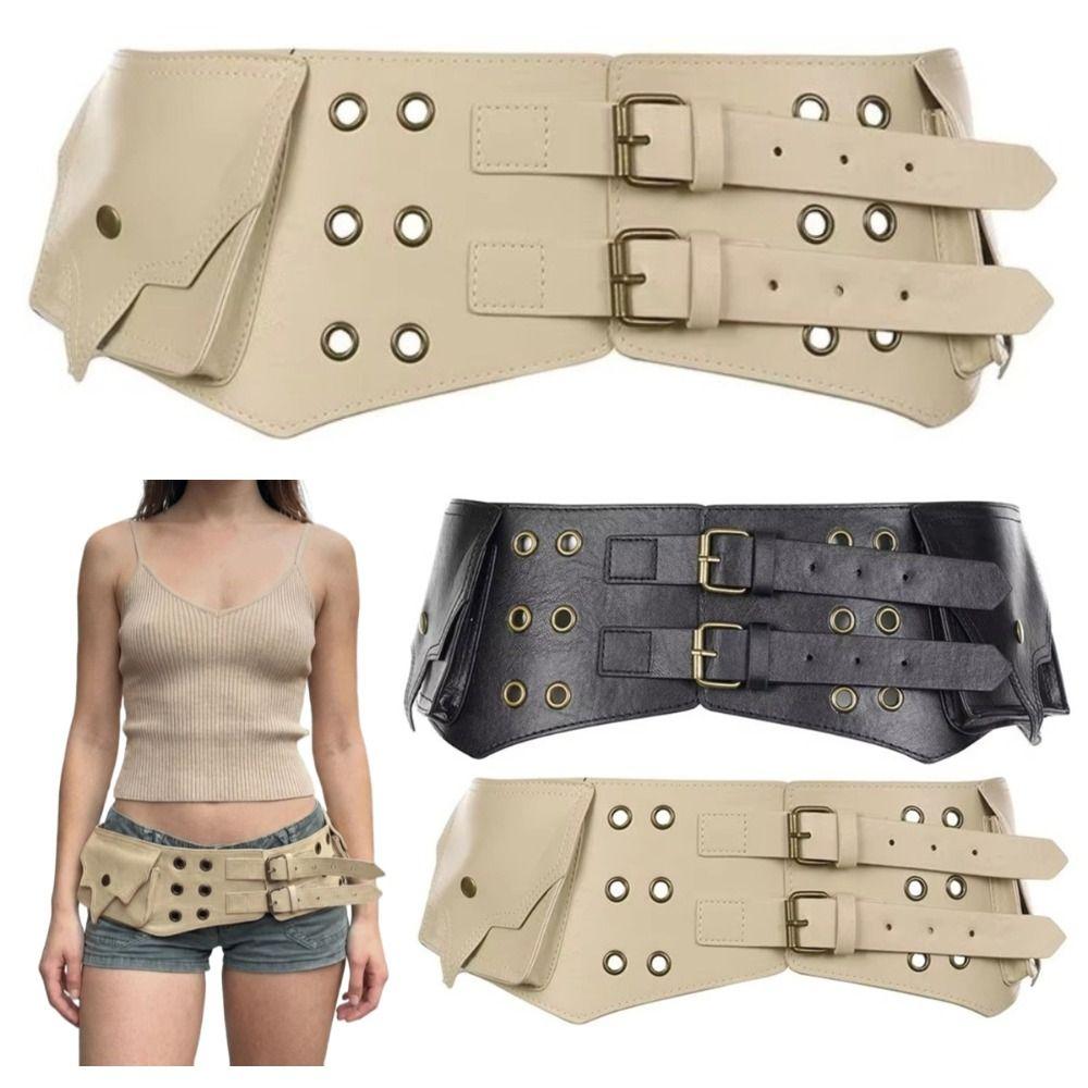 Round Eyelet Pockets Waist Strap Vintage Pu Leather Belt Trouser Decorative Waistband Hiking