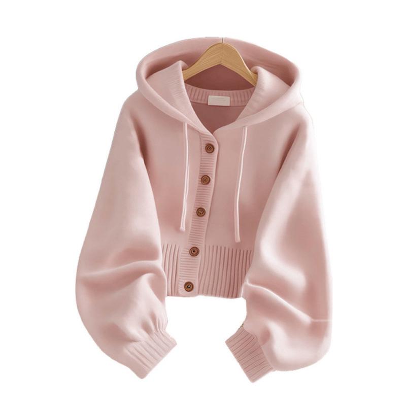 Women's Pink Knitted Hooded Cardigan - Soft & Loose, Korean Style Sweater for Spring & Autumn