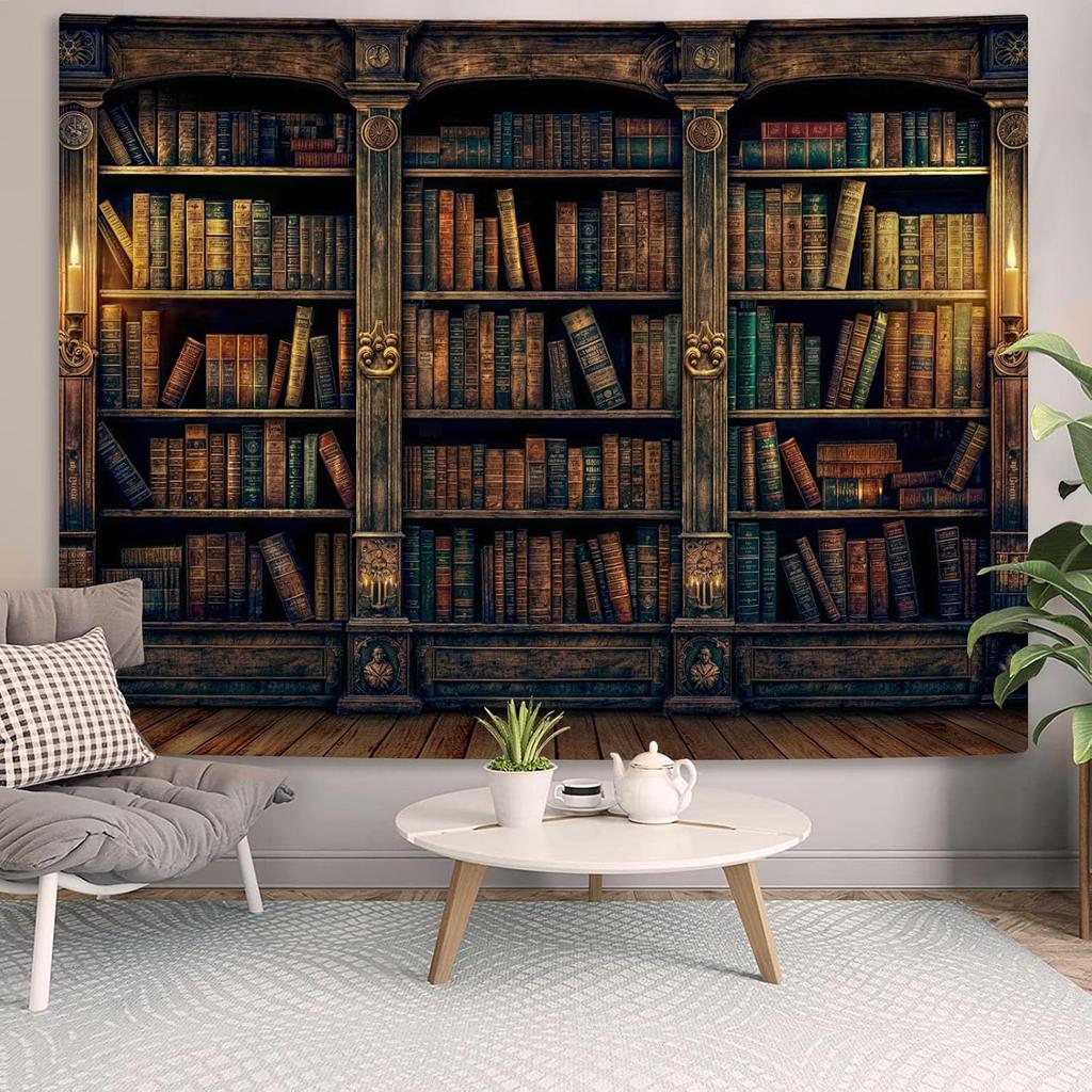Retro Bookshelf Wall Tapestry, Vintage Books Study Library Tapestries for College Dorm Bedroom Magic Caslte Backdrop 36×48 inch