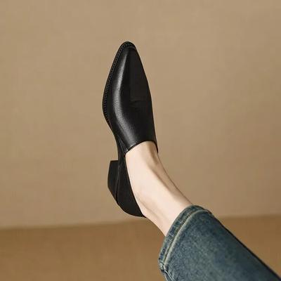 Retro Pointed Toe Pedal Soft Leather Loafers Women's Spring and Autumn All-match Thick-heeled Mid-heel Fashion Single Shoes