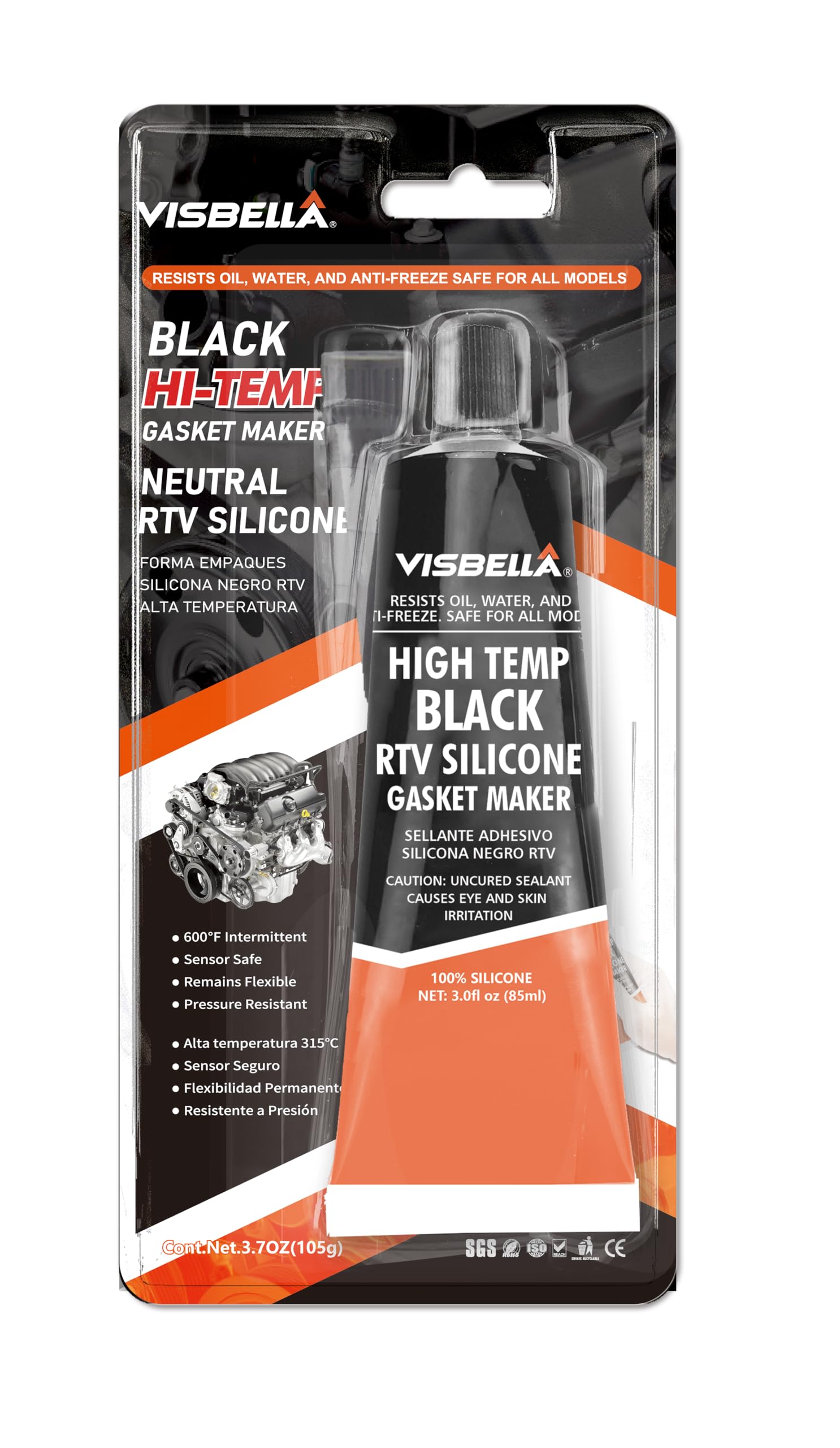 

Visbella Жидкая прокладка, 3,7 унции (105 г), Термостойкий, Устойчивый, Силиконовый, Жидкая прокладка, Для мотоциклов, Глушителей и т.д. чёрный