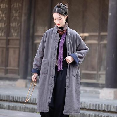 Women Vintage Plus Cotton Winter Parkas Solid Color Button Warm Coats Patchwork Pockets Vintage Linen Parkas
