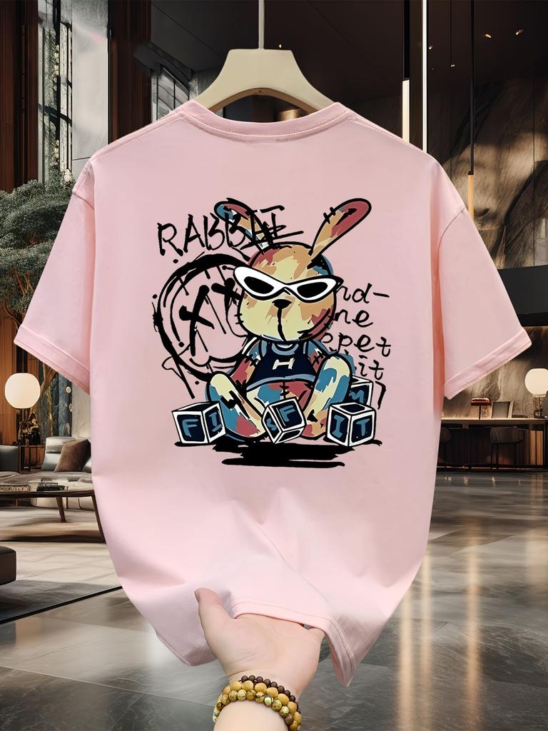 Men's summer 100% pure cotton fashionable casual loose black rabbit cartoon pattern printed round neck short sleeved T-shirt top