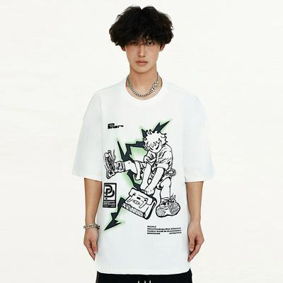 Trendy Anime Cartoon Line Printed Short Sleeved T-shirt, Men's and Women's Pure Cotton Loose Casual Half Sleeved T-shirt, Summer