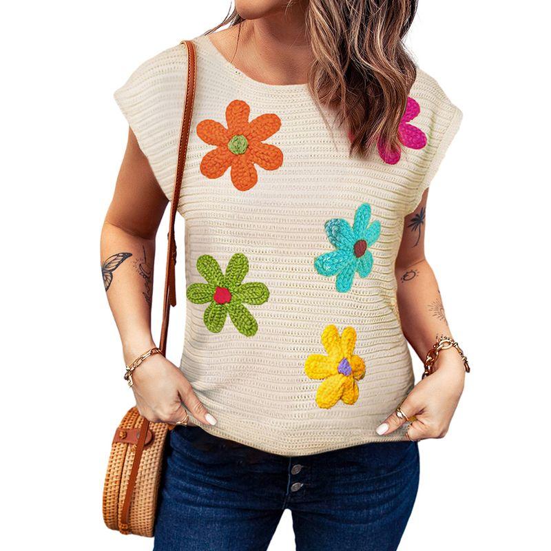 European and American Fashion Flower Crochet round Neck Short sleeve T-shirt Women 2025 Summer Thin Breathable Knitted Three-Quarter Sleeve Top