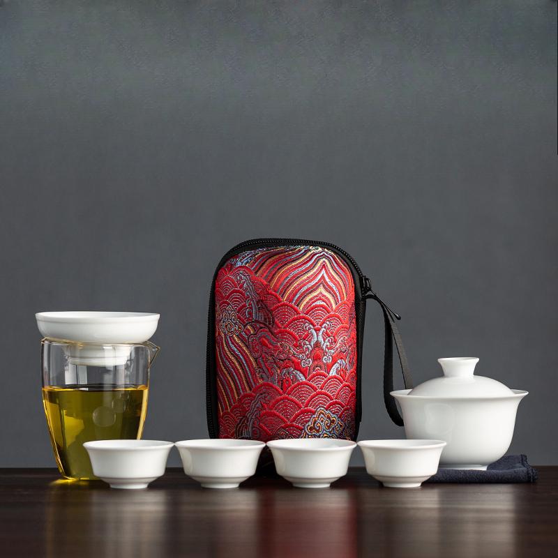 Dehua White Porcelain Travel Tea Set Outdoor Travel Portable Glass Quick Cup Cover Bowl Small Three Cups