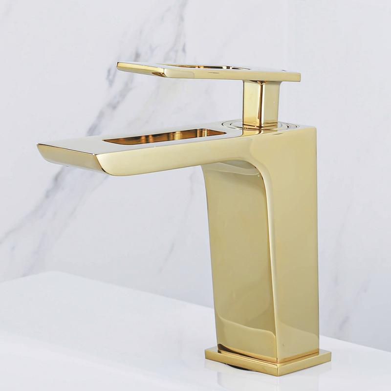 Tuqiu Basin Faucet Black and Gold Bathroom Mixer Tap Black Wash Basin Faucet Single Handle Hot and Cold Waterfall Faucet