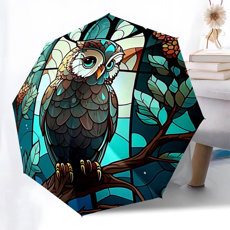 Stained Owl Design Automatic Opening Folding Umbrella with 8-Bone Iron Frame, Suitable for Fans, Travel, Daily Use, Ideal Gift for Outdoor E
