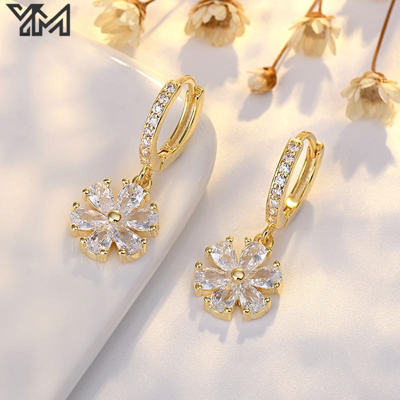 YM Minimalist Statement 18K Gold Plated Flower Drop Earrings Baguette CZ Zircon Inlaid Floral Jewelry