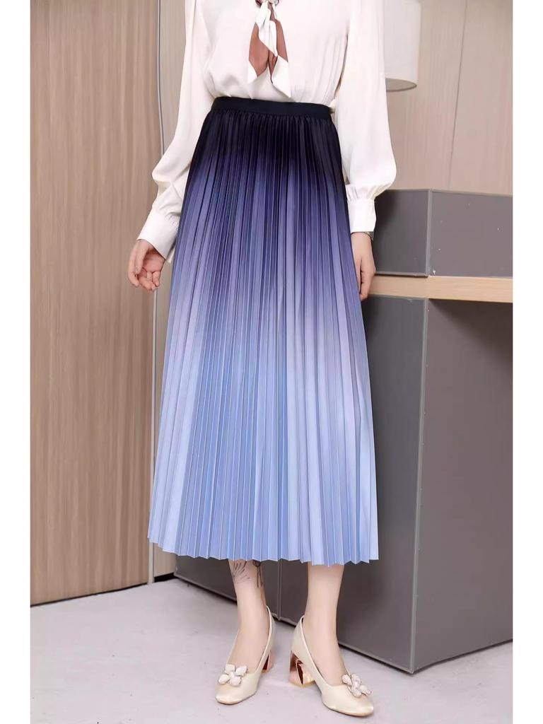 Women's Gradient Pleated Midi Skirt: Classic A-Line Slimming Design for Spring & Summer