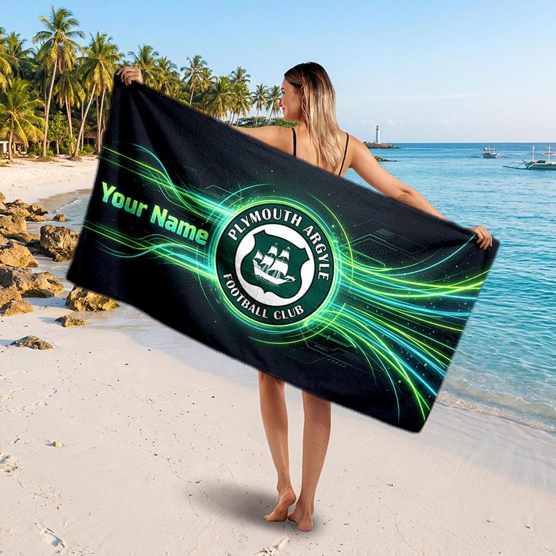 Plymouth Argyle FC Custom Beach Towel, Personalized Name Text Print, Football Logo Soft Quick‑Dry Towel Holiday Gift