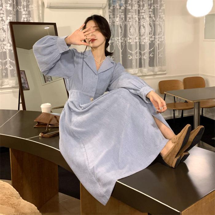 Women's spring clothing new French suit collar design can be sweet and salty medium and long skirt corduroy dress