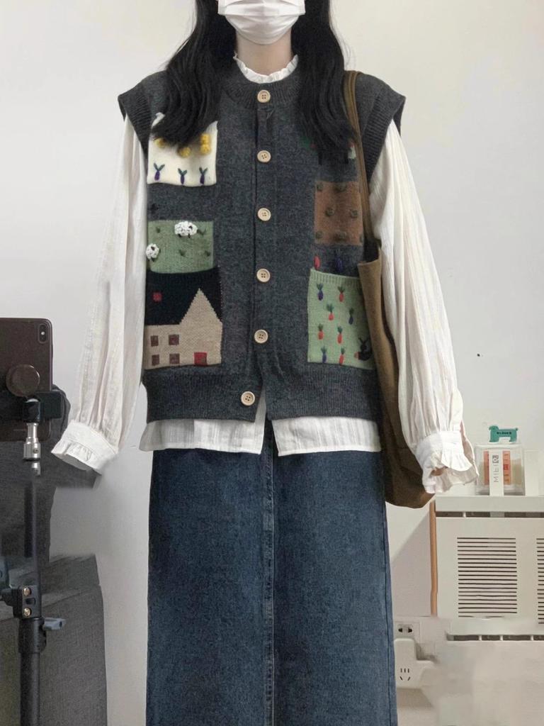Dámský retro podzimní bezrukávový pletený kardigan vesta & set tílka