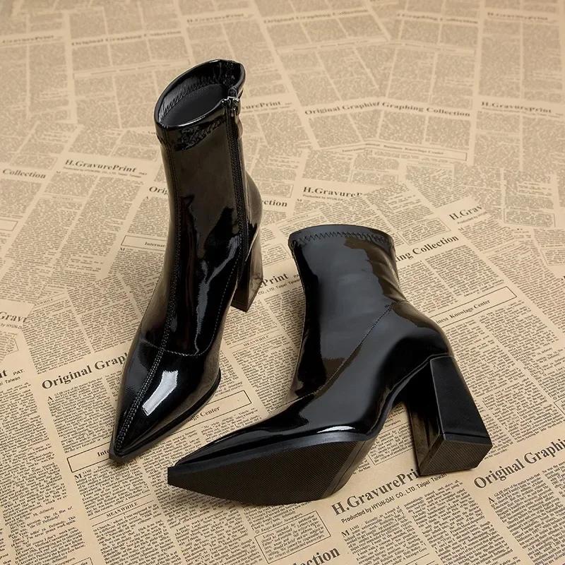 Fashion Autumn Womnen's High Heel Ankle Boots New Winter Plus Velvet Pointed Toe Chunky Heel Chelsea Boots for Women Heeled Sheos Dress