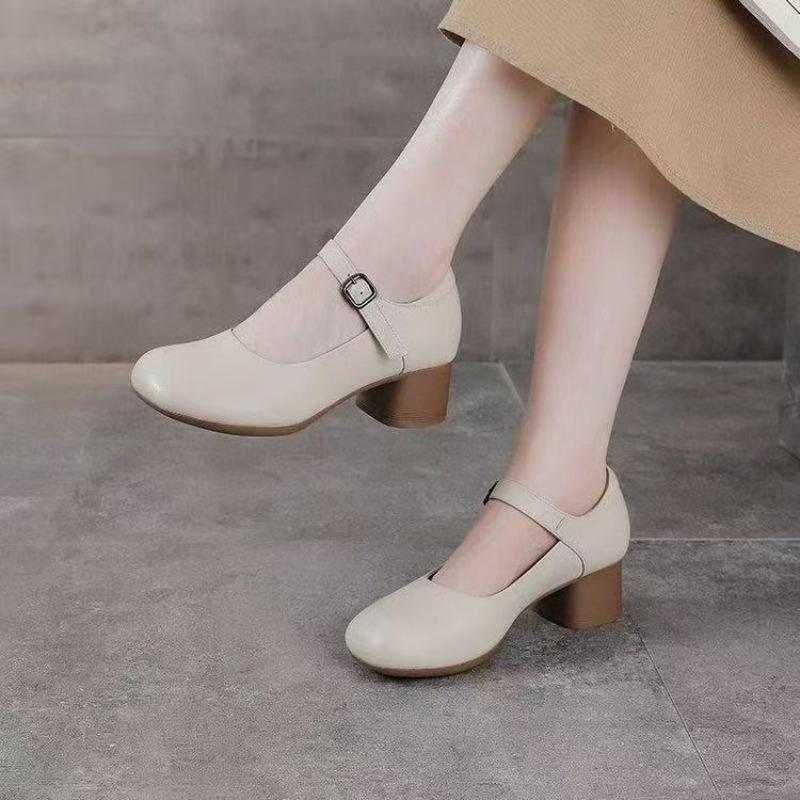 Retro Runde Zehenpartie Vielseitige Klobige Slip-On Freizeitschuhe für Damen, Weiches Leder, Rutschfest, Atmungsaktive Schuhe
