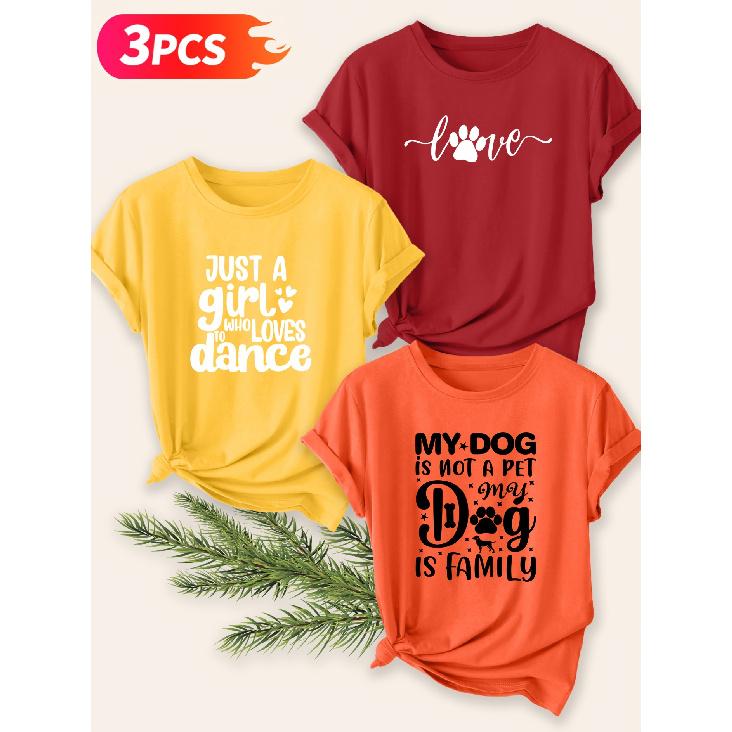 Three-piece set Elegant short-sleeved shirt for women Pet Care and Hobby Themed Printed Round Neck Women's Top T Shirt Suitable for spring