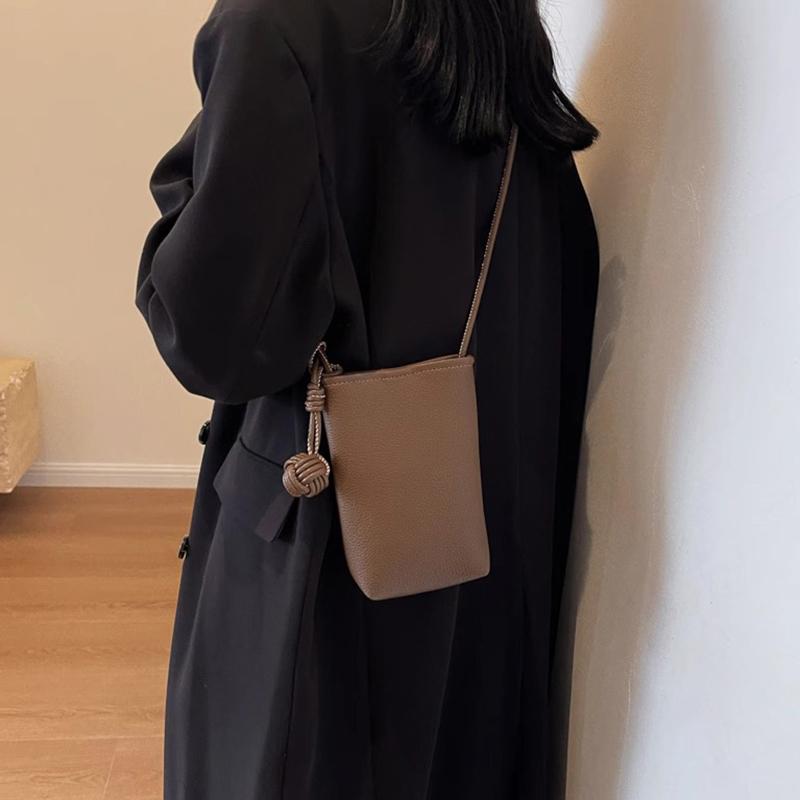 Women Crossbody Mobile Phone Bag Street With Literary Mini Artistic Small Round Ball Pendant Super Soft Leather Cute