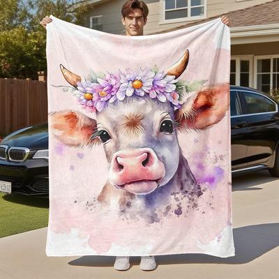 1pc Cow Flower Crown Outdoor Flannel Blanket Soft Warm All-Season Throw for Sofa Bed Car Camping Office, Cozy Gift Idea1323S
