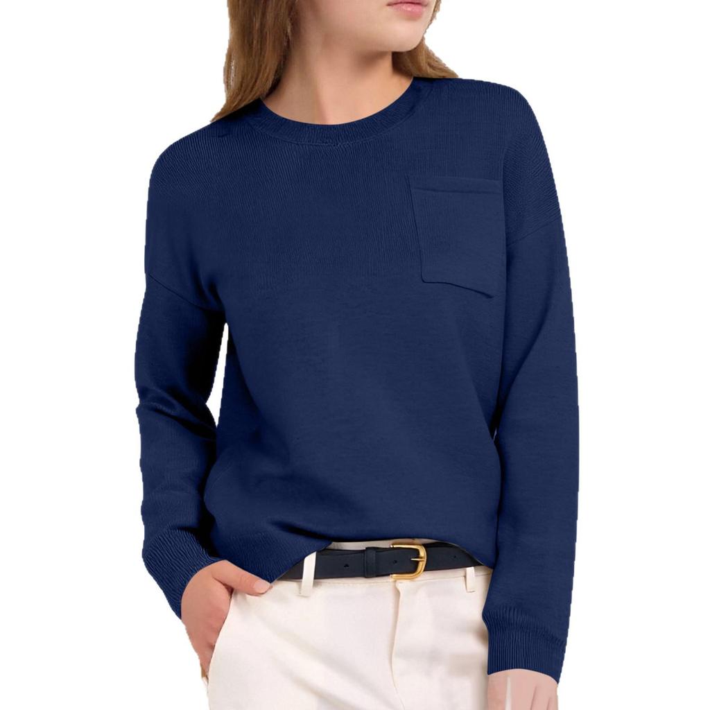 2025 Women's Solid Color Round Neck Long Sleeve Casual Pocket Pullover Sweater - Autumn/Winter European American Style