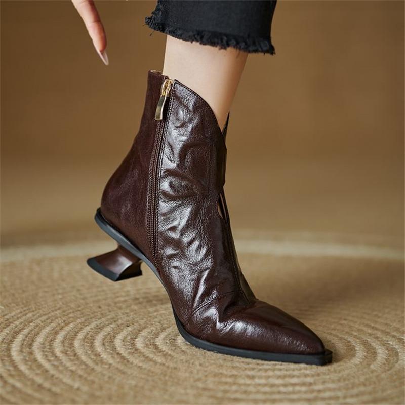 Fashion New Autumn Winter Women Boot Shoes for Women Pointed Toe Short Boots Fashion Boots Genuine Leather Boots Handmade High Heels