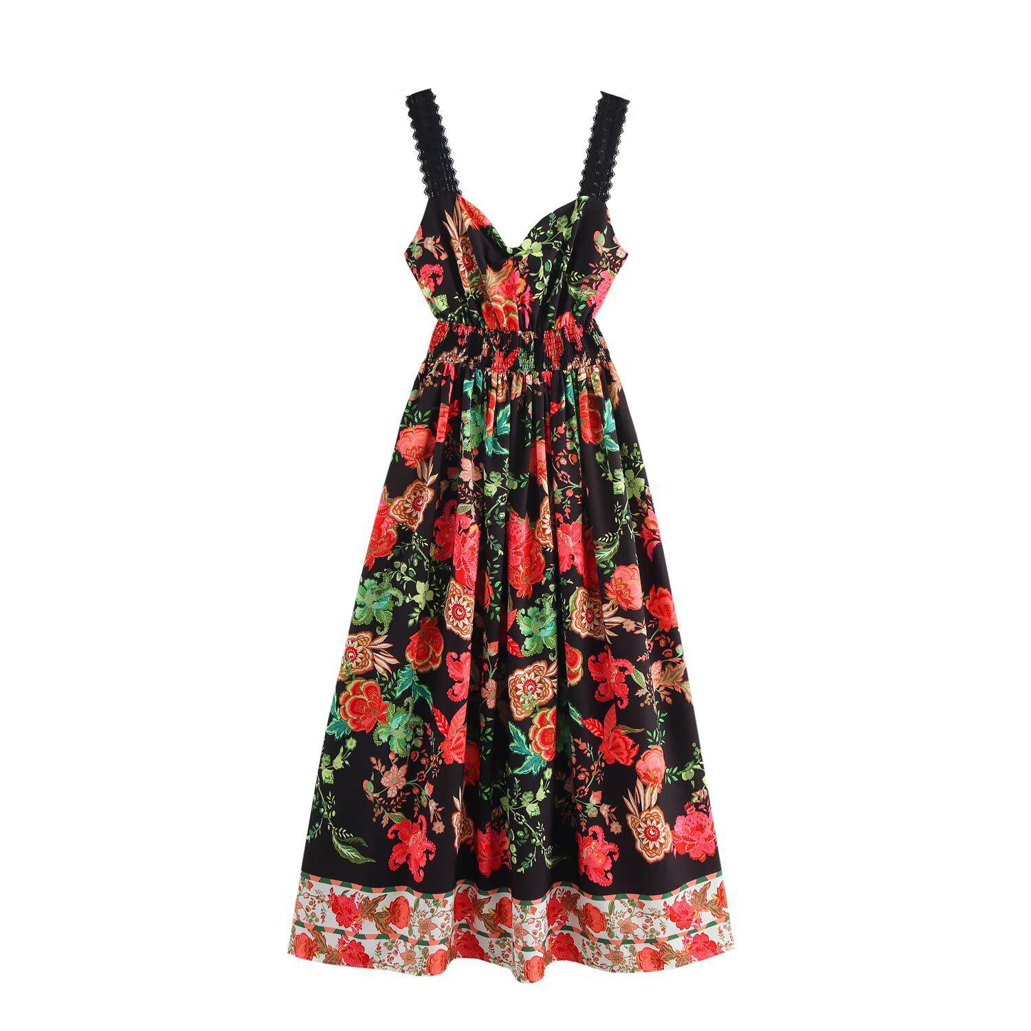 

Весна 2025 Женское платье в европейском и американском стиле на бретельках-спагетти с принтом и кулиской Extra Small