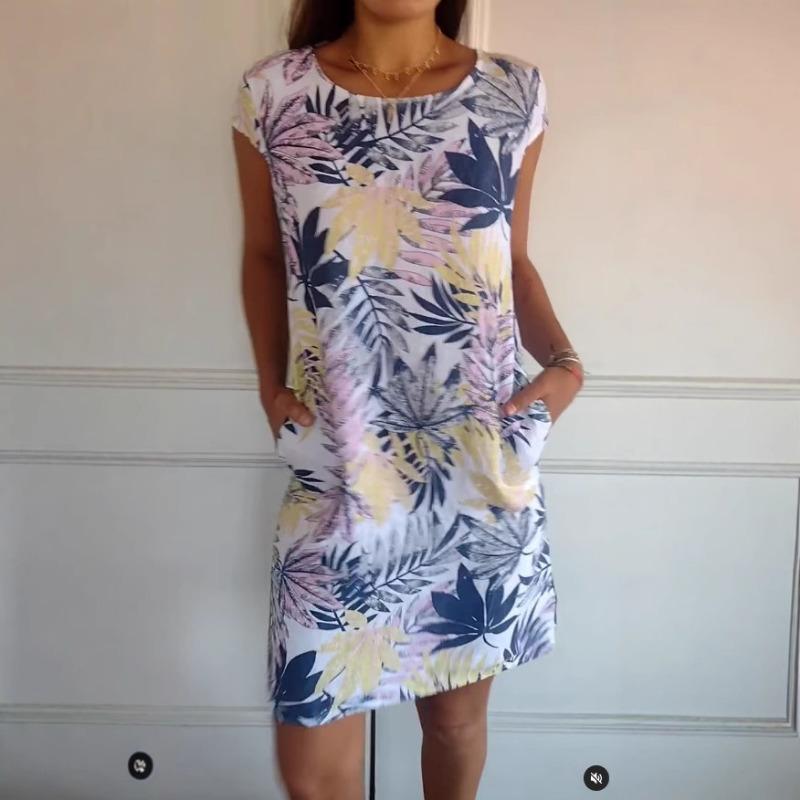 Women's Spring and Summer Casual Printing Round Neck Pocket Beach Skirt Dress
