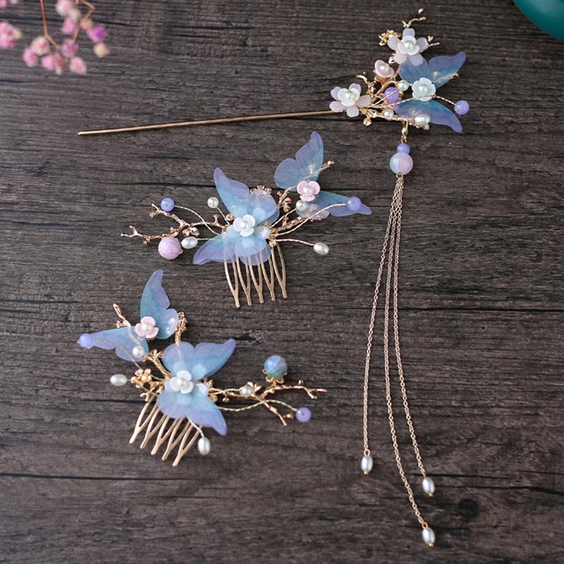 Fresh Headdress for Han Chinese Clothing Handmade Blue Hair Comb Hairpin/Hair Accessories Combination Set Retro-Style