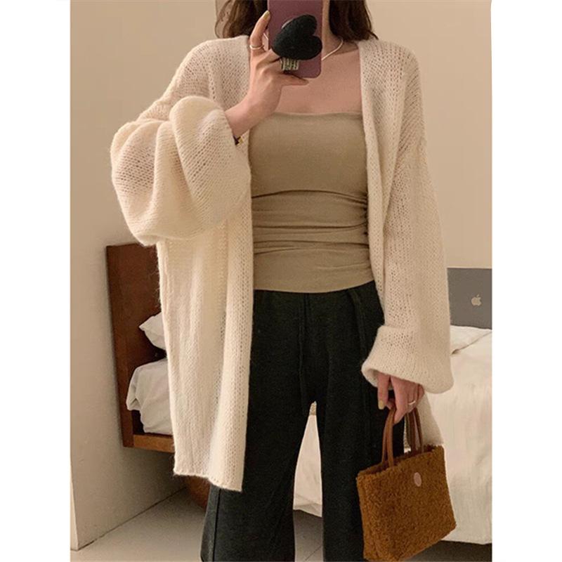Long-sleeved knitted cardigan women's autumn lace-up solid color with lazy gentle wind loose early spring knitted jacket