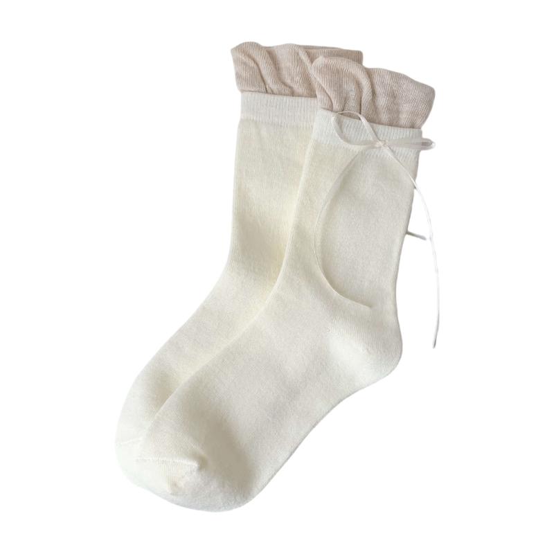 Womens Japanese Sweet Ribbon Bowknot Accent Crew Socks Elegant Students Color Block Ruffle Top Splicing Cotton Socks