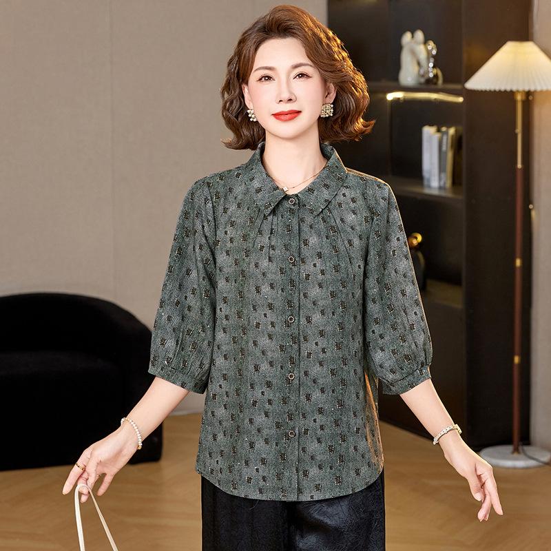 

2026 Summer Casual Loose Top for Middle-Aged & Elderly - Short Sleeve, Three-Quarter Shirt 4XL темно-зелений колір