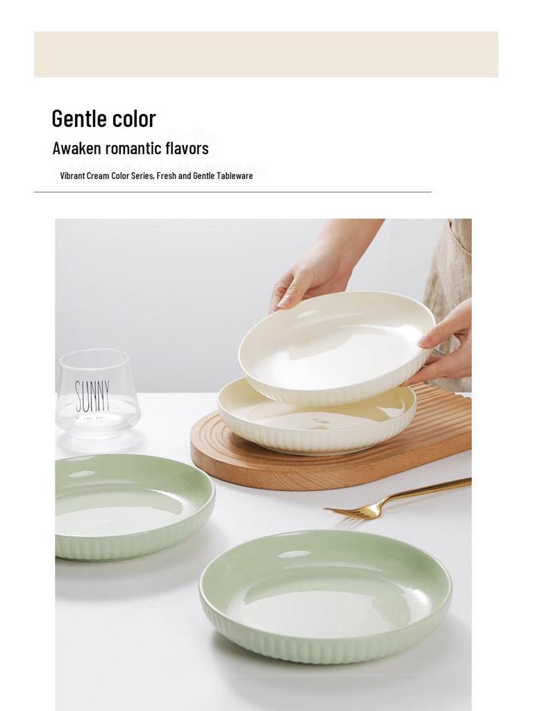 Milky White & Green Ceramic Deep Soup Plate, Microwaveable - Creative Round Tableware.